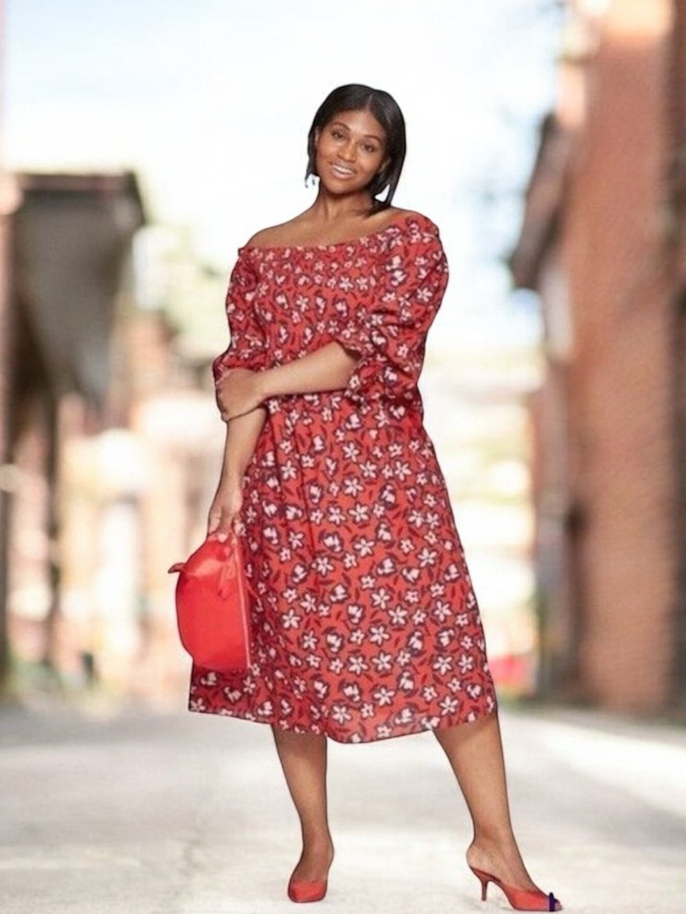 WHO WHAT WEAR Off The Shoulder Red  With Pink Floral Print Midi Dress Plus Sz 4X